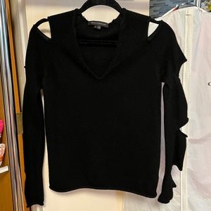 Skull Cashmere Black Cold Shoulder Sweater with Peekaboo Sleeves
